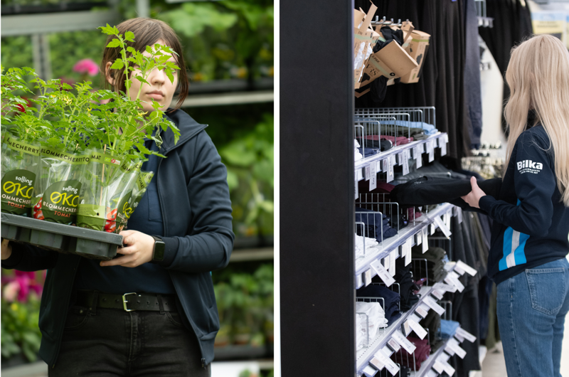 To personer arbejder i praktik ved henholdsvis i tekstilområdet og i planteområdet.